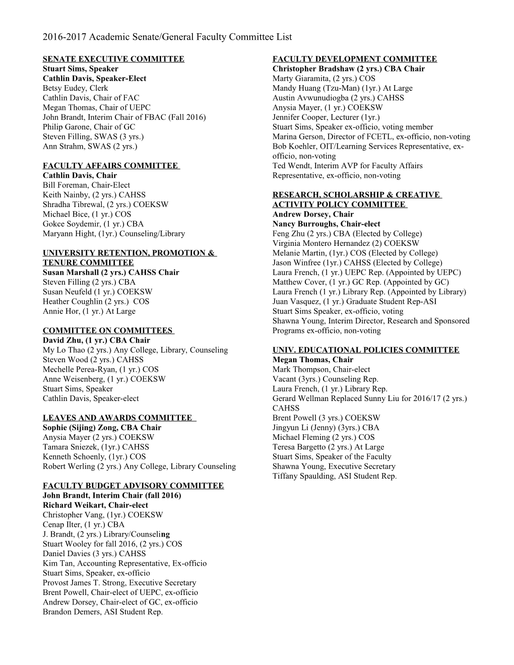 2016-2017 Academic Senate/General Faculty Committee List