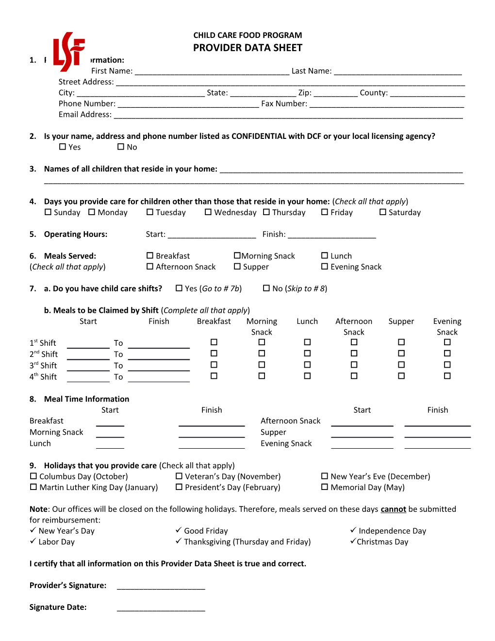 Provider Data Sheet