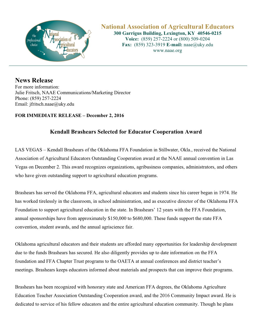 Kendall Brashearsselected for Educator Cooperation Award