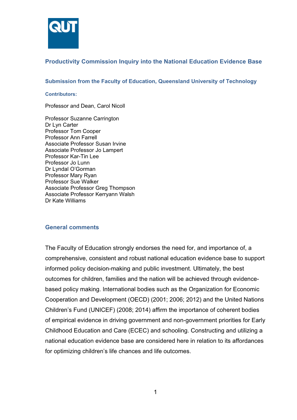 Submission 19 - Queensland University of Technology (QUT) Faculty of Education - Education