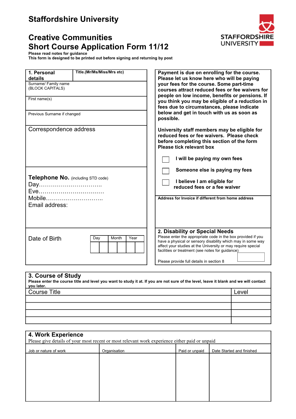 Short Course Application Form 11/12