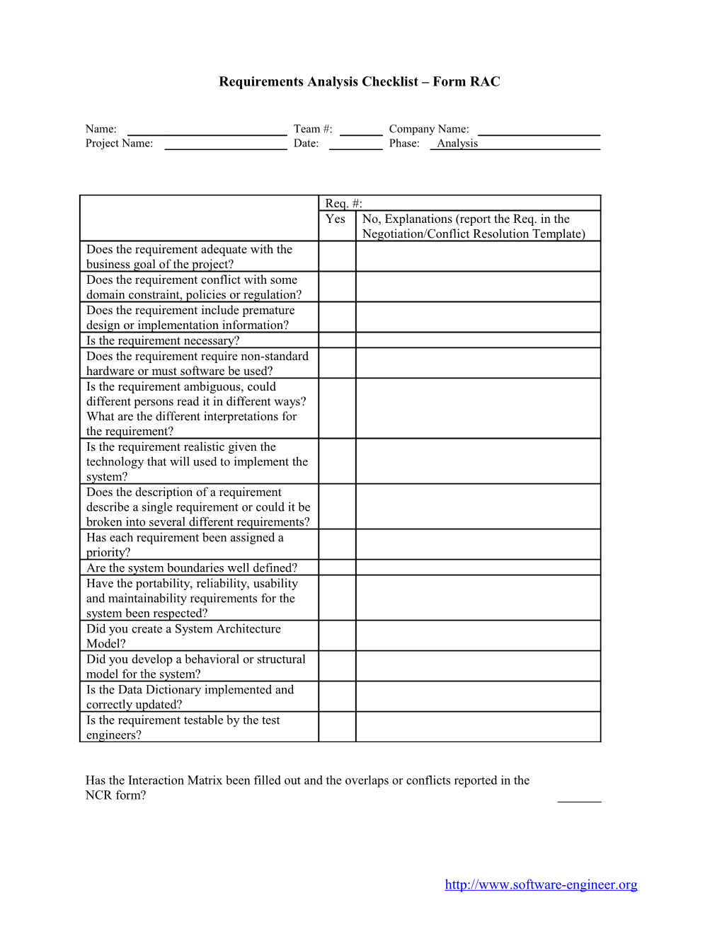 Requirements Analysis Checklist Form RAC