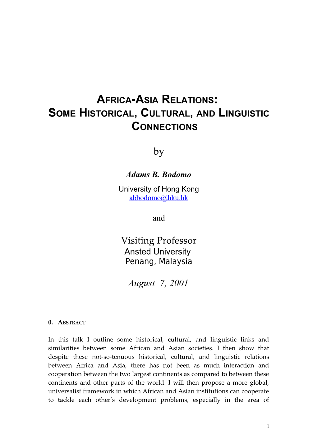 Historical, Cultural, and Linguistic Connections Between Asia and Africa