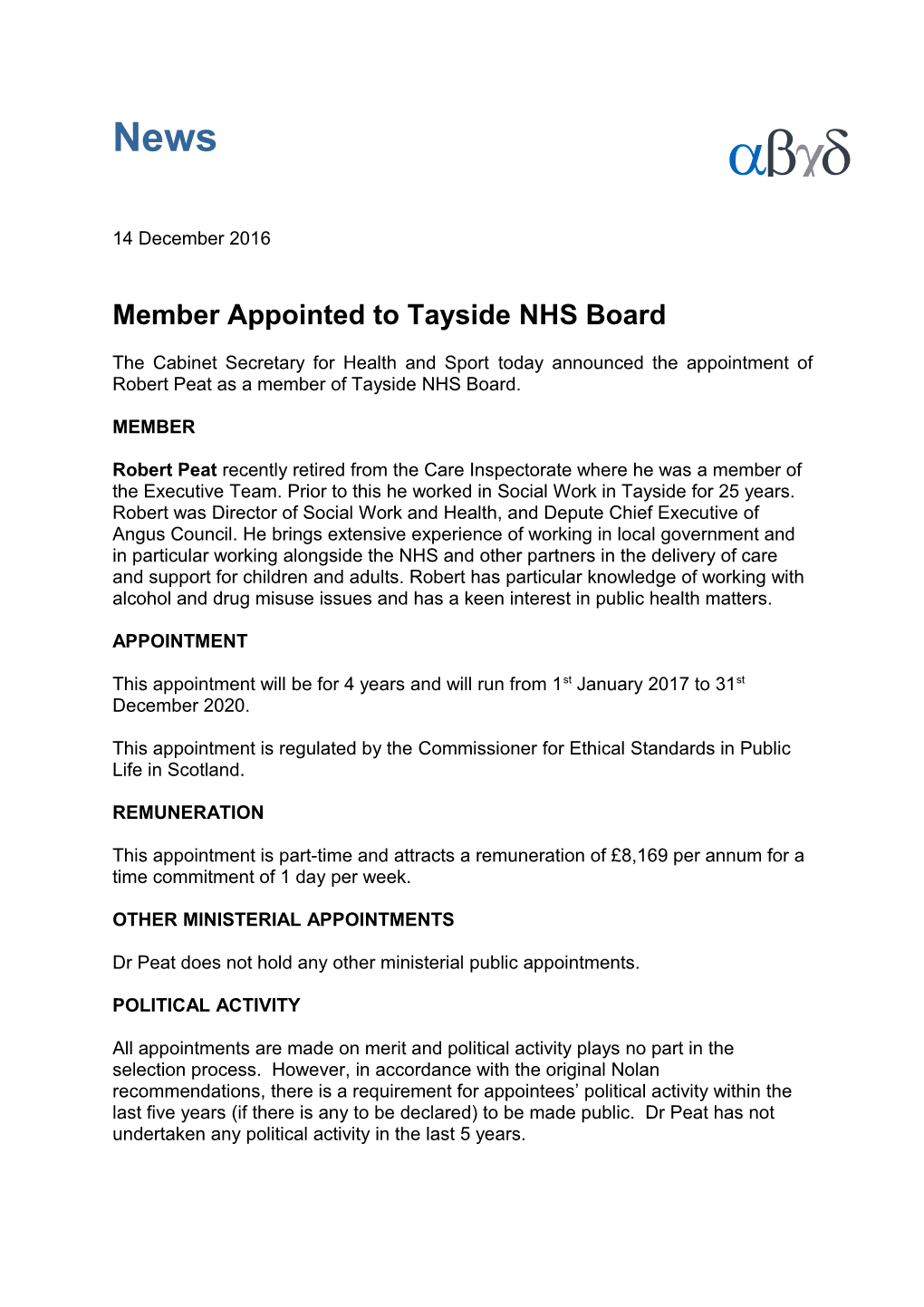 Member Appointed to Tayside NHS Board