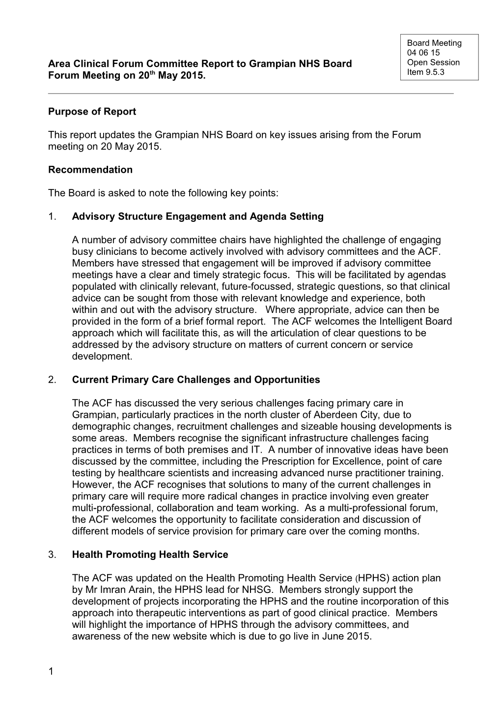 Item 9.5.3 for 4 June 2015 Area Clinical Forum Report