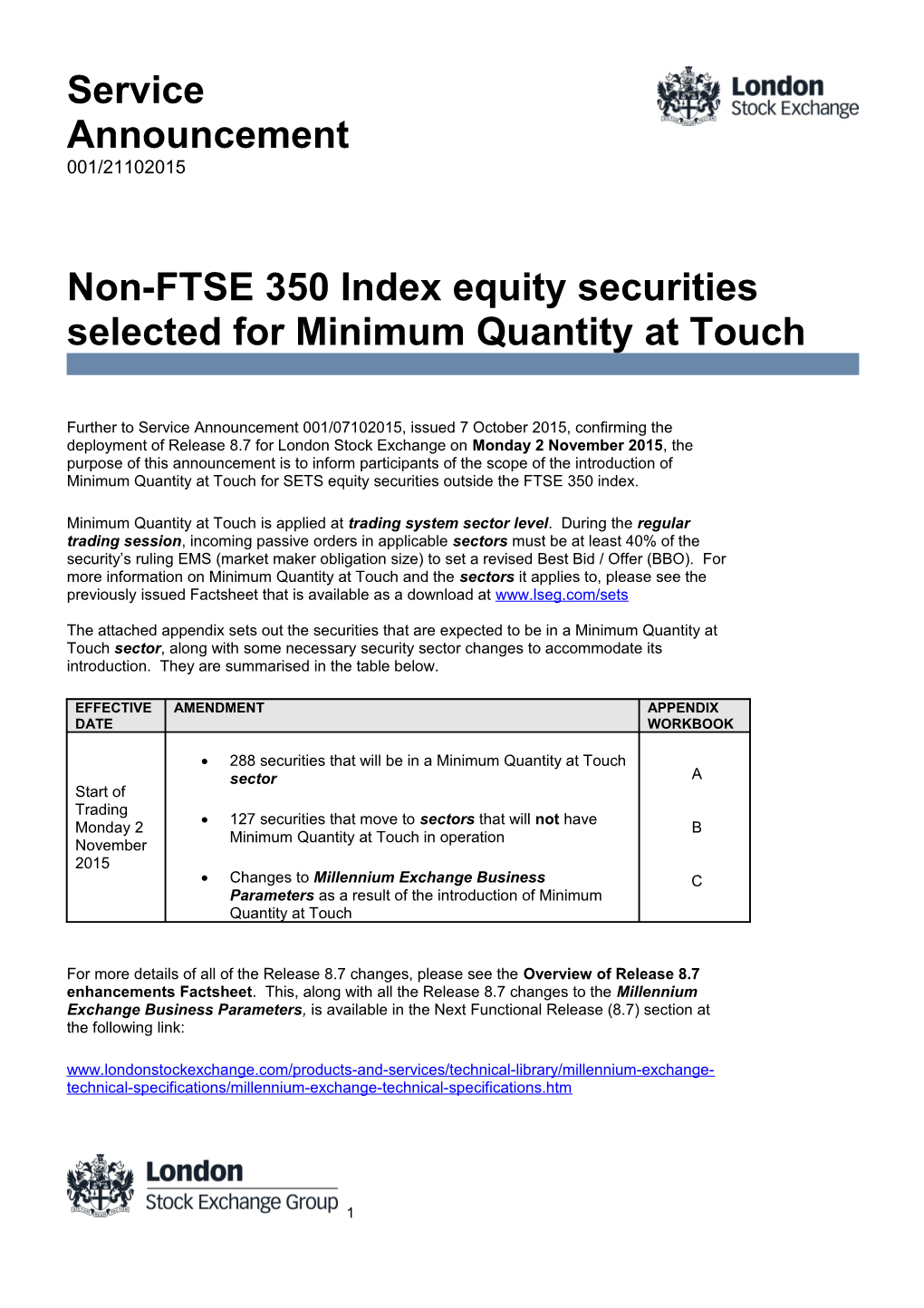 Further to Service Announcement 001/07102015, Issued 7 October 2015, Confirming the Deployment