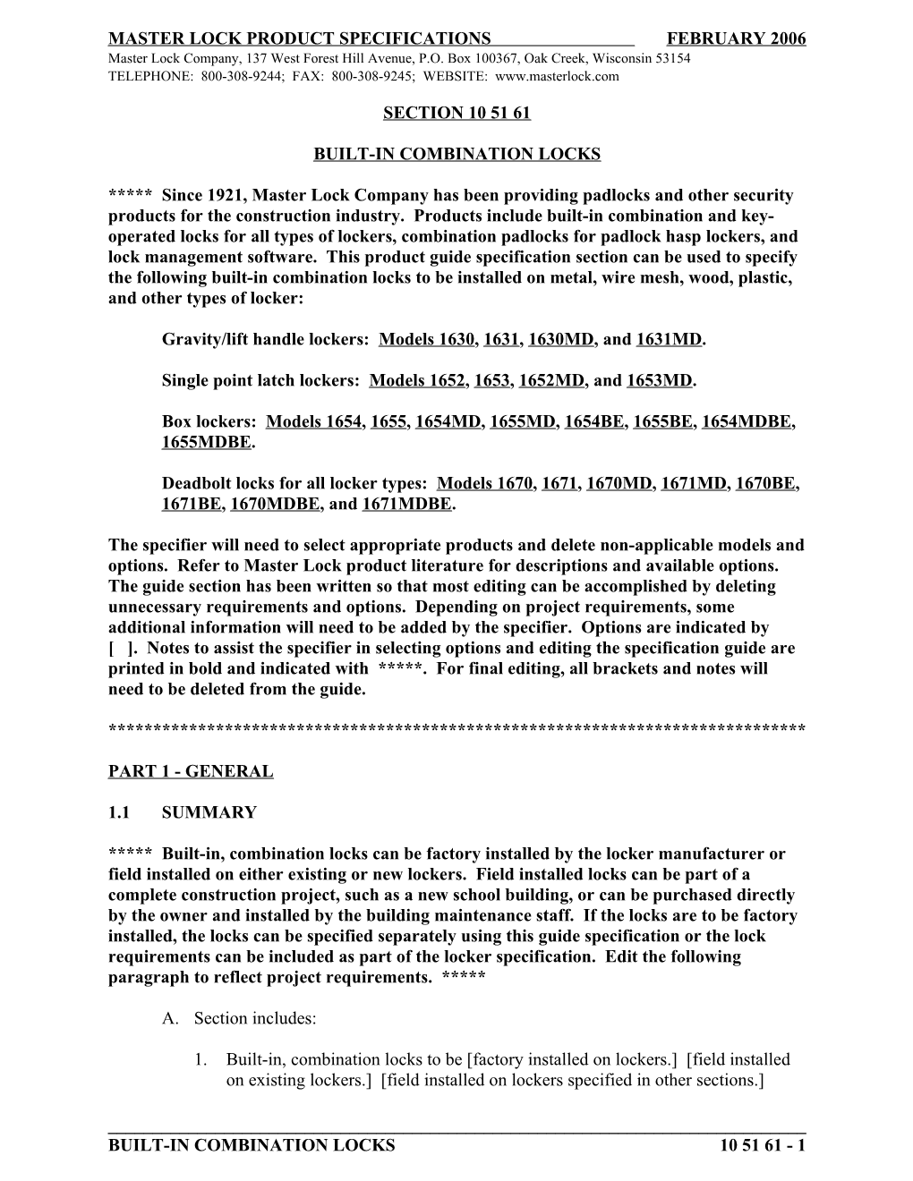 Master Lock Product Specifications February 2006