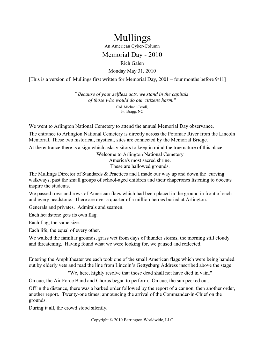 This Is a Version of Mullings First Written for Memorial Day, 2001 Four Months Before 9/11