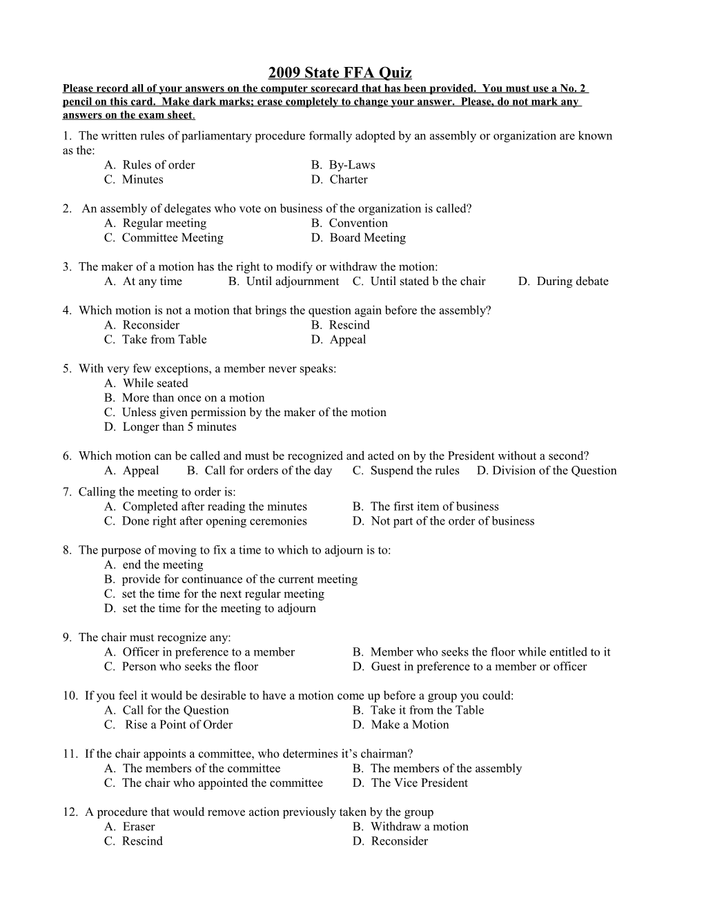 2007 State FFA Quiz