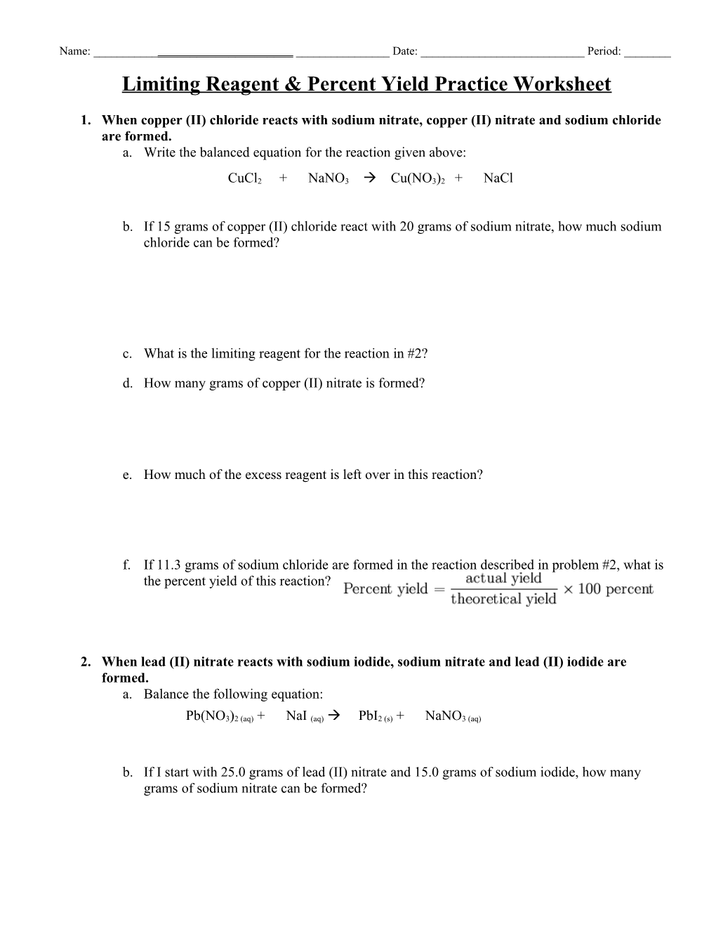 Limiting Reagent Worksheet