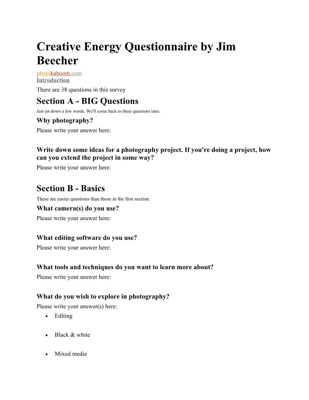 Creative Energy Questionnaire by Jim Beecher