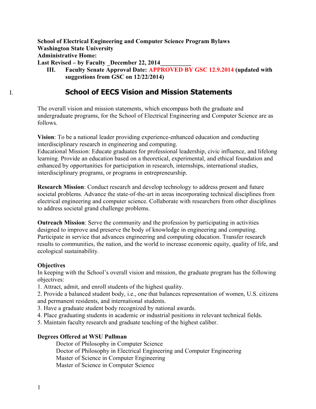 School of Electrical Engineering and Computer Science Program Bylaws