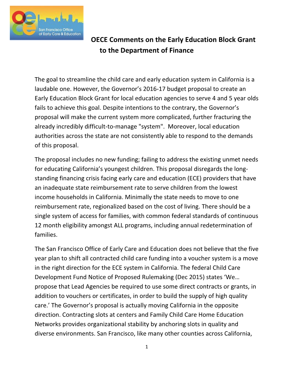 OECE Comments on the Early Education Block Grant to the Department of Finance