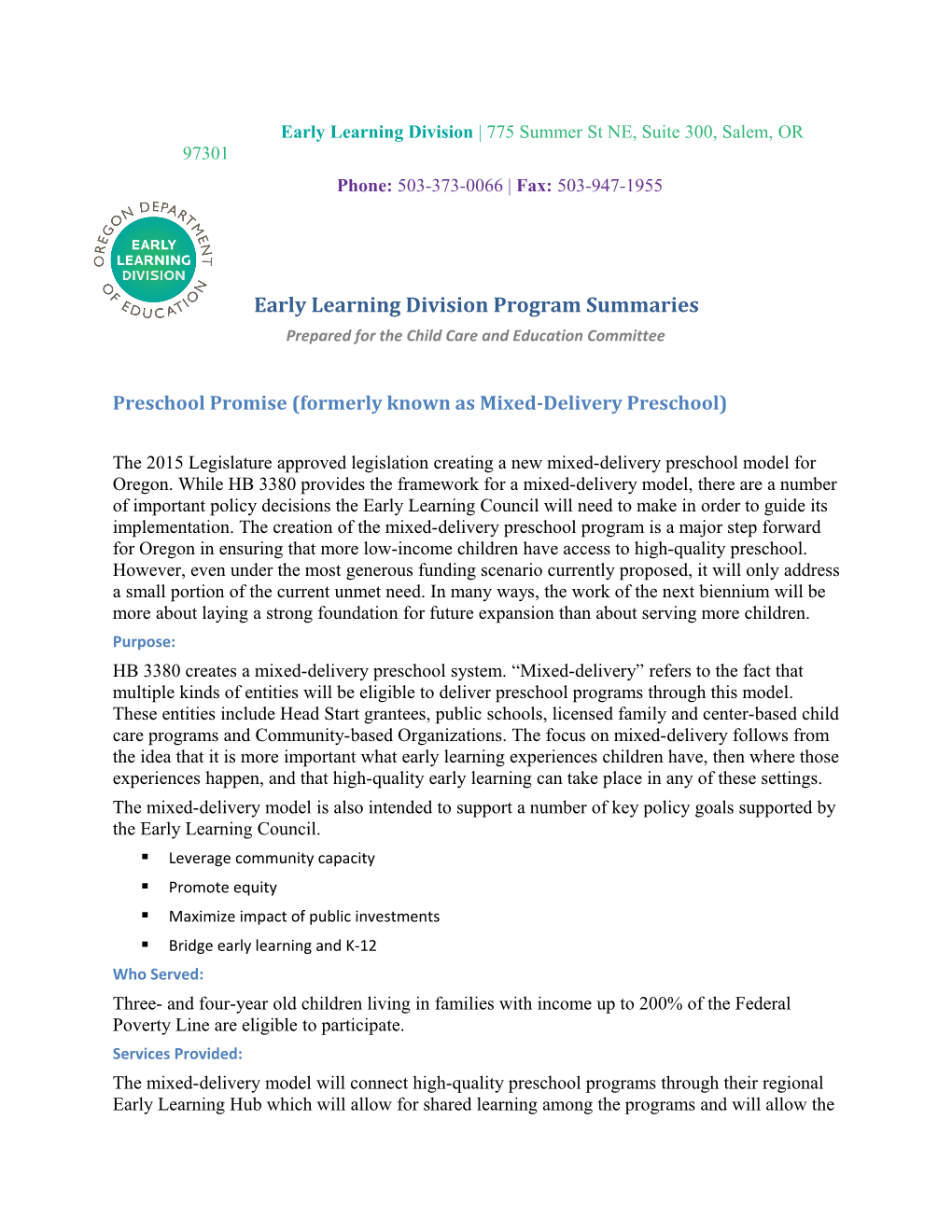 Early Learning Division Program Summaries