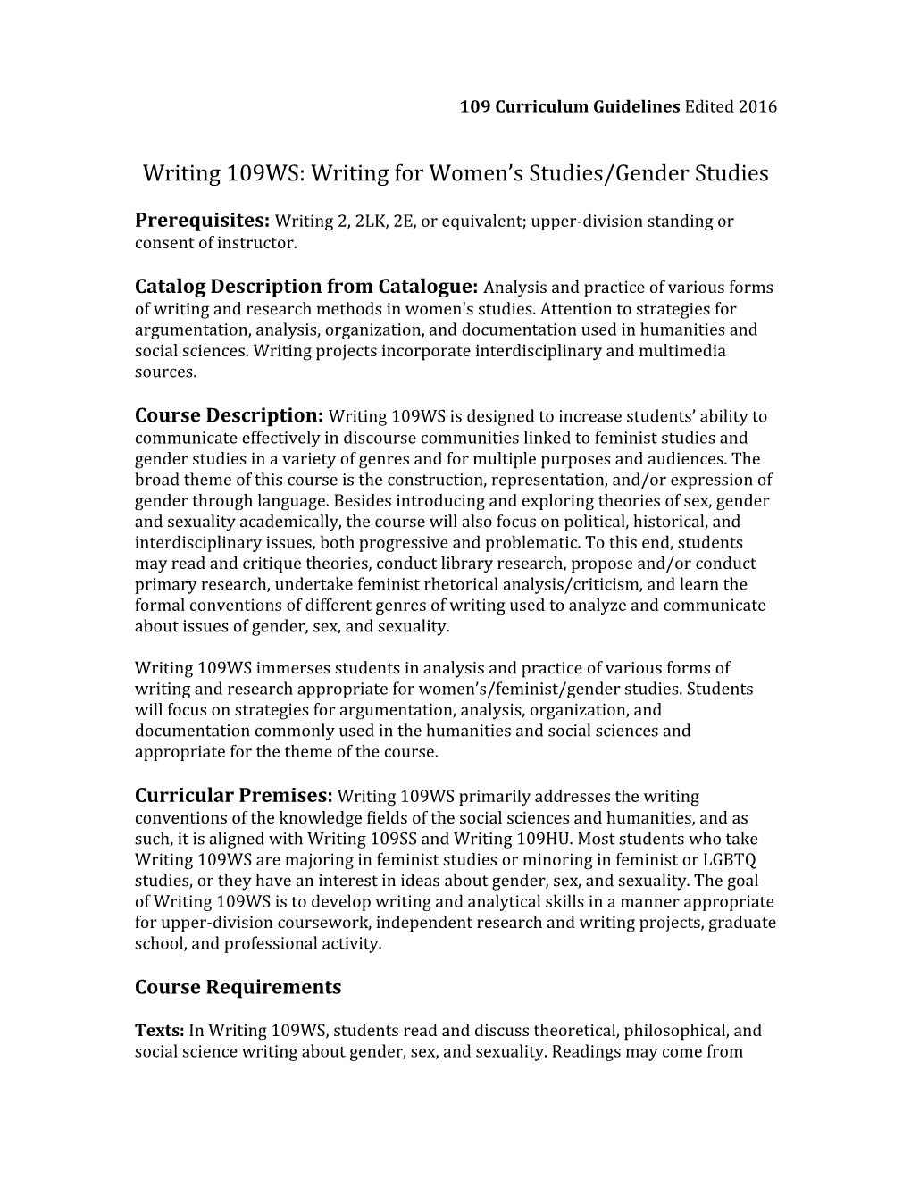 Writing 109WS: Writing for Women S Studies/Gender Studies
