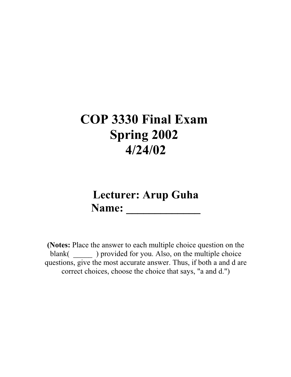 COP 3330 Final Exam