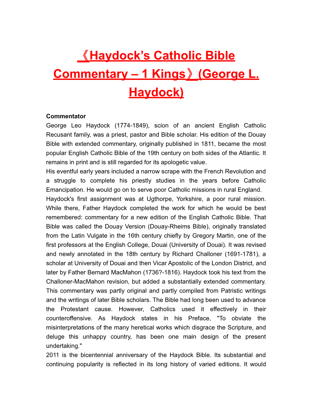 Haydock Scatholic Bible Commentary 1 Kings (George L. Haydock)