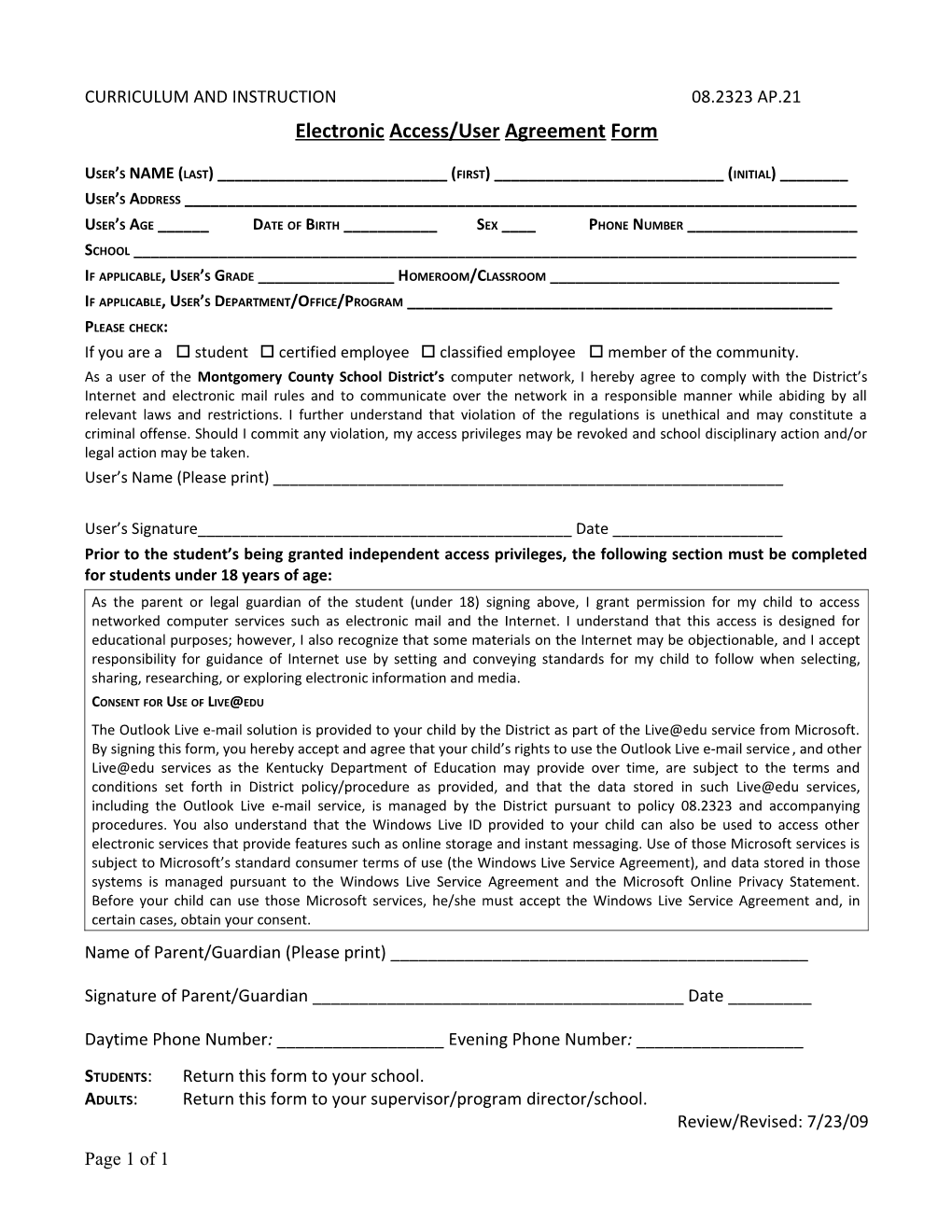 Electronic Access/User Agreement Form