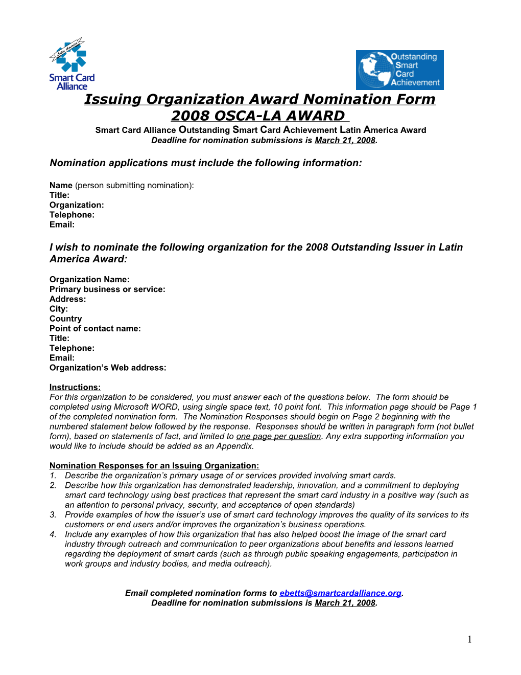 Issuing Organization Award Nomination Form