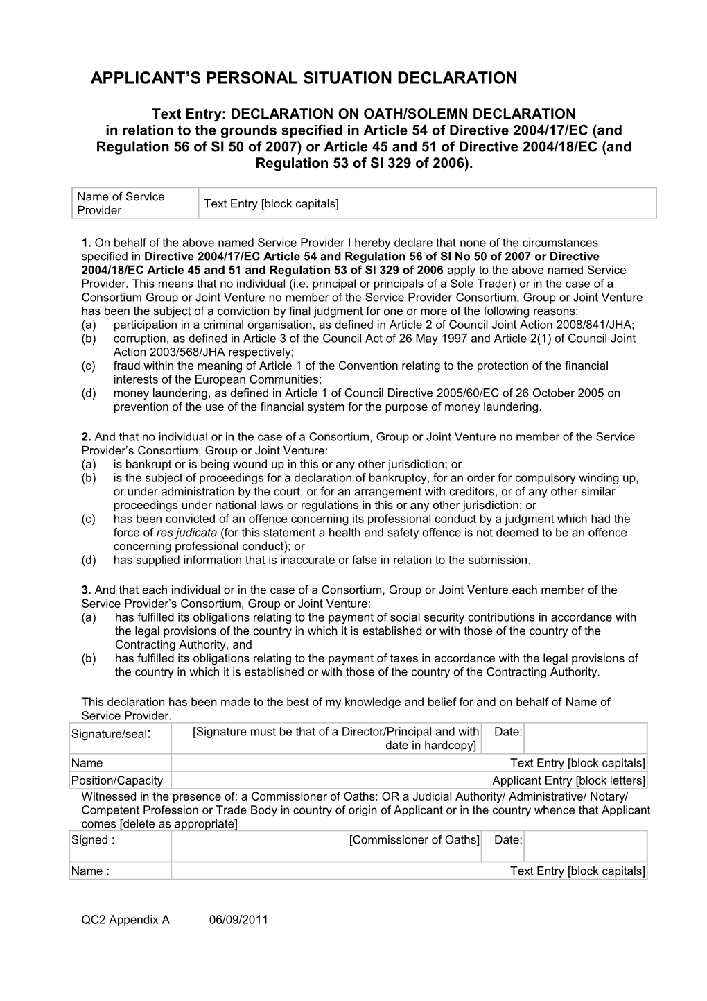 Appendix A: Applicant S Personal Situation Declaration