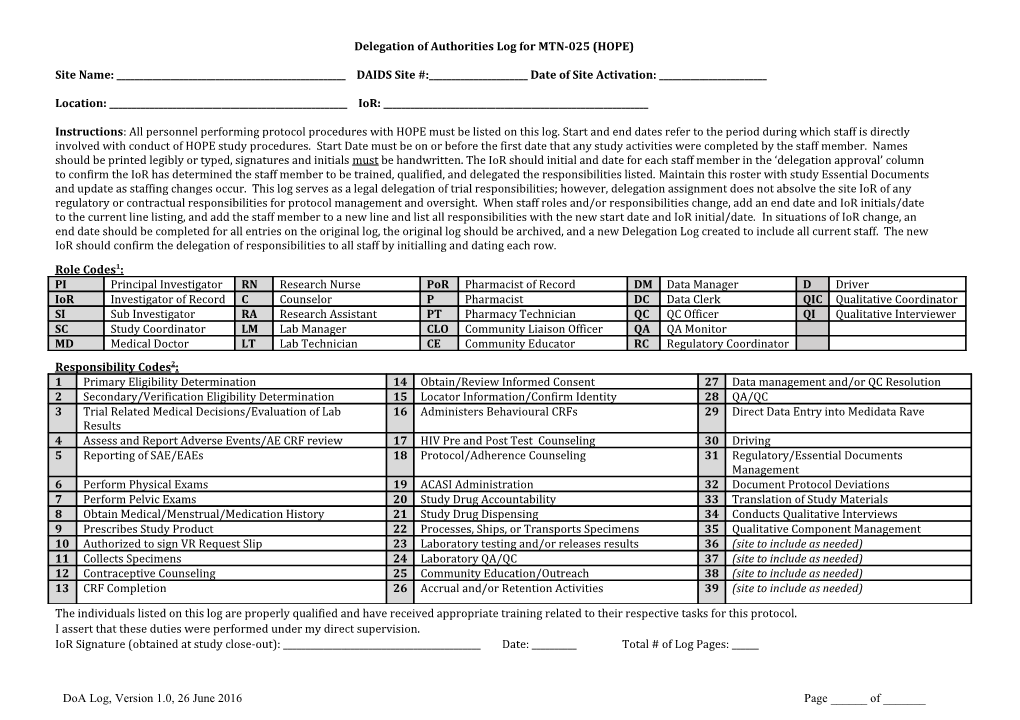 STUDY DELEGATION LOG and SIGNATURE SHEET SAMPLE TEMPLATE