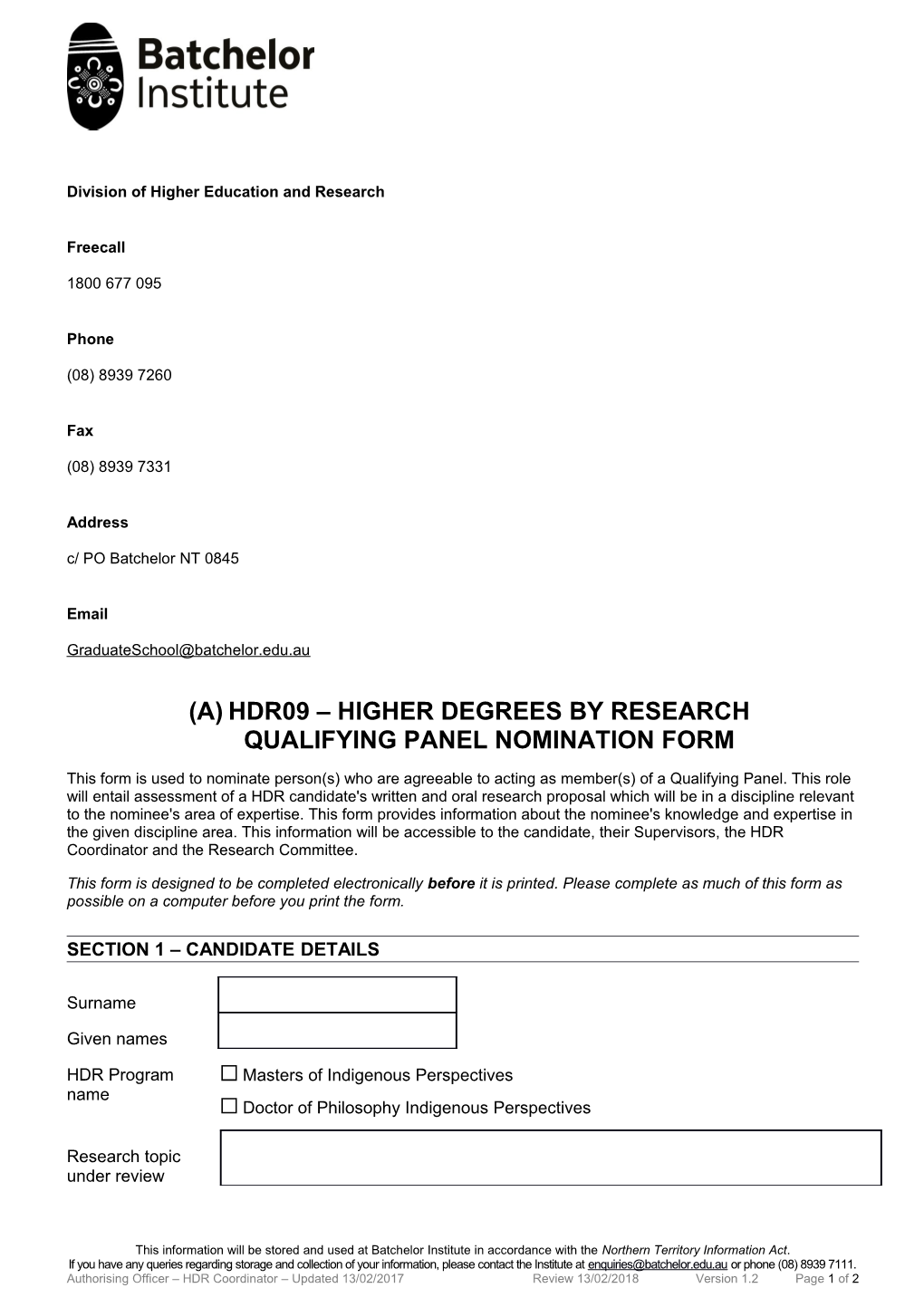 HDR09 Higher Degrees by Researchqualifying Panel Nomination Form