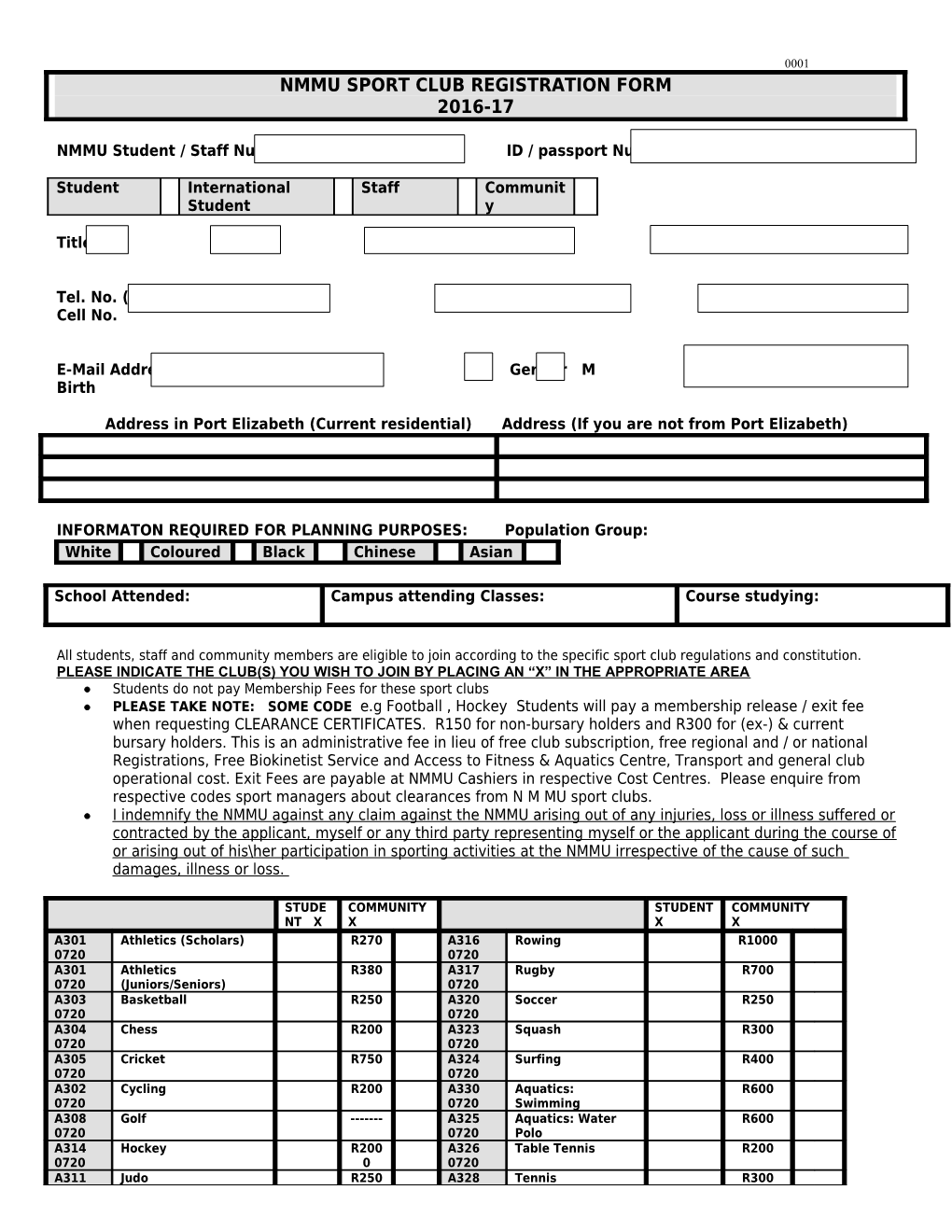 Nmmu Sport Club Registration Form