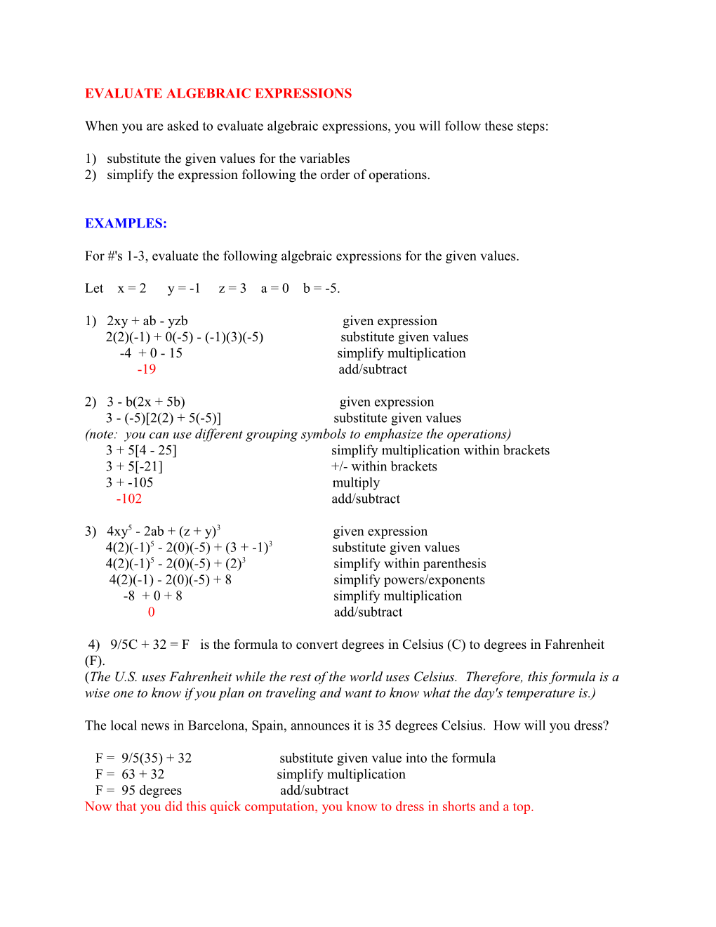 Evaluate Algebraic Expressions