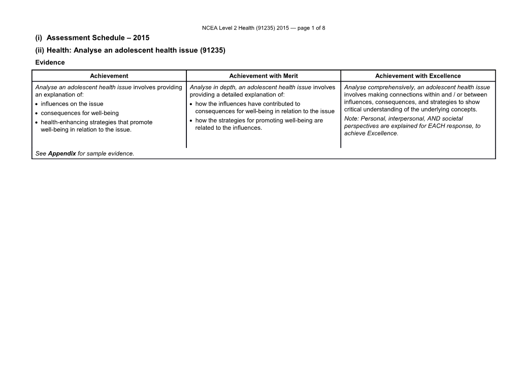 NCEA Level 2 Health (91235) 2015 Assessment Schedule