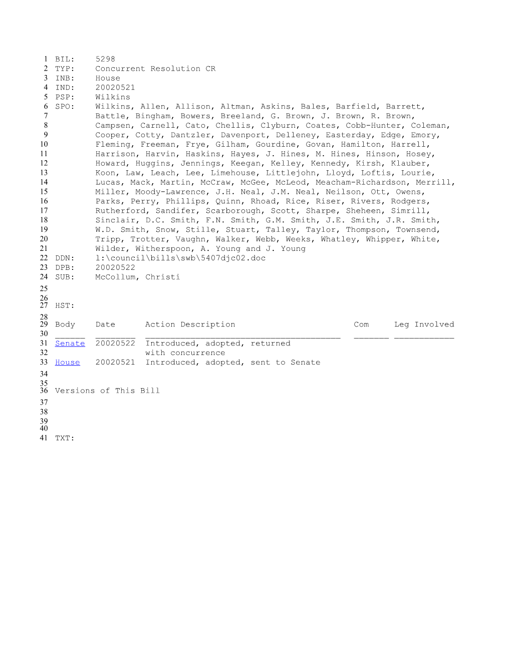 2001-2002 Bill 5298: Mccollum, Christi - South Carolina Legislature Online