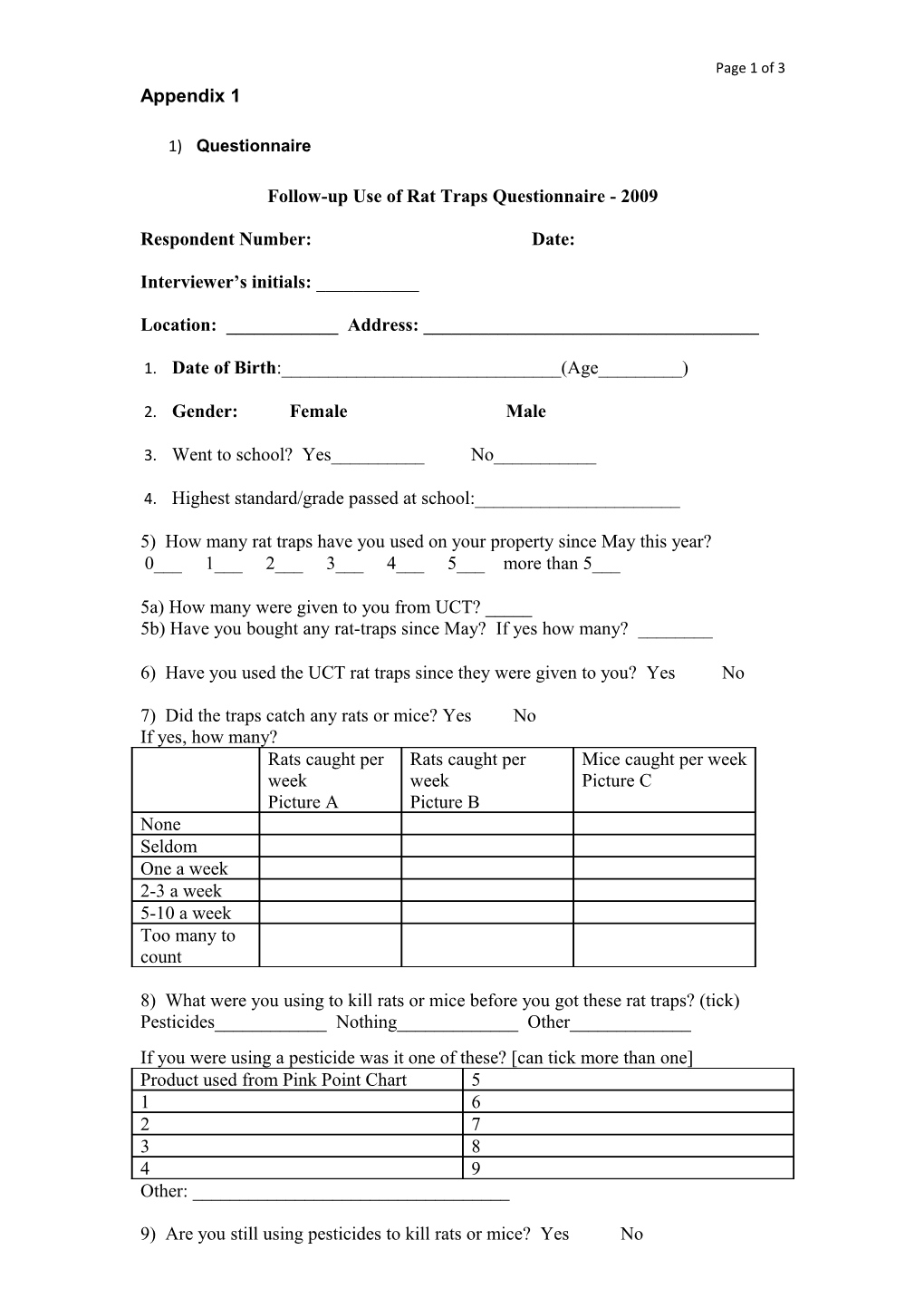 Follow-Up Use of Rat Traps Questionnaire - 2009