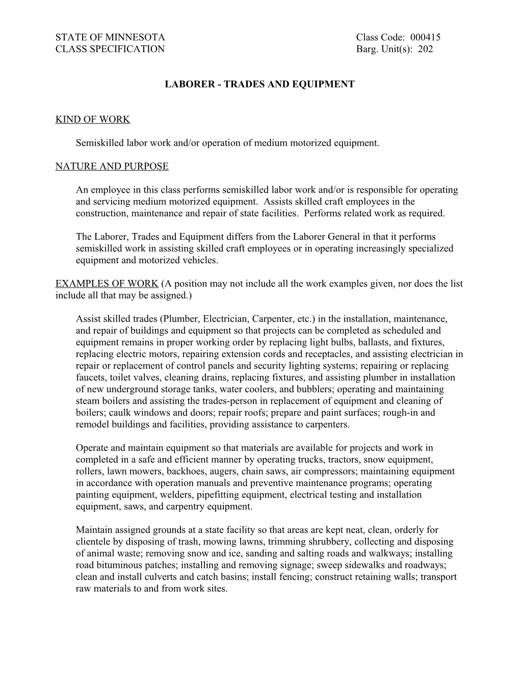 Laborer - Trades and Equipment