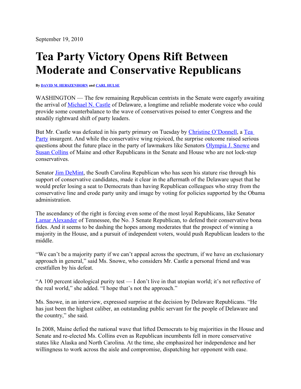 Tea Party Victory Opens Rift Between Moderate and Conservative Republicans