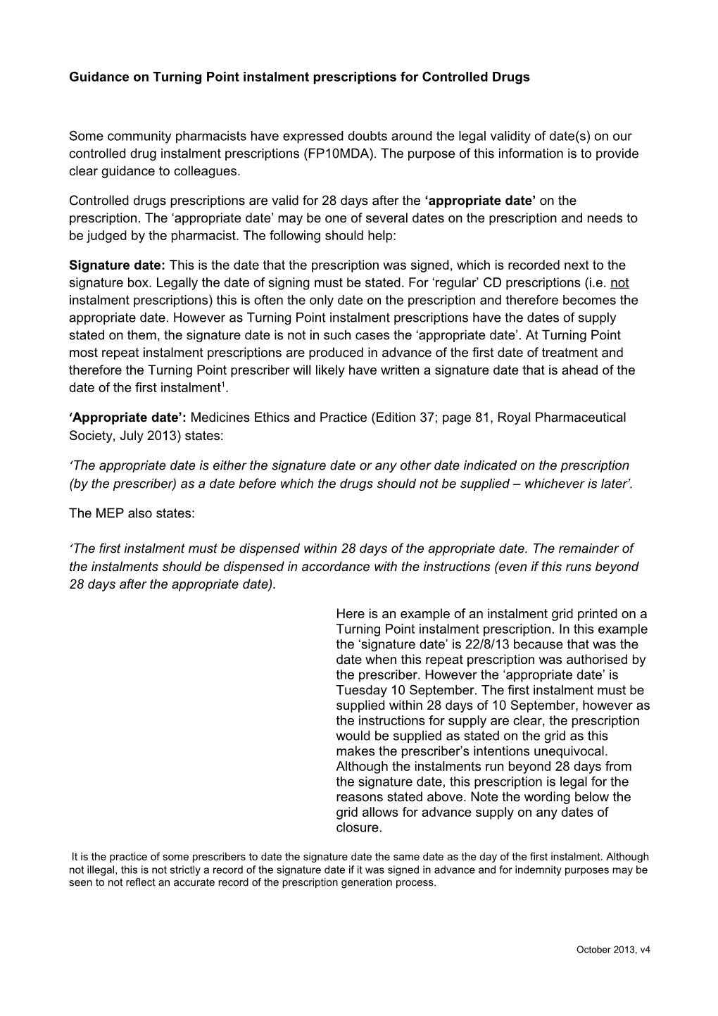 The Validity of Dates Used on Turning Point Instalment Prescriptions for Controlled Drugs