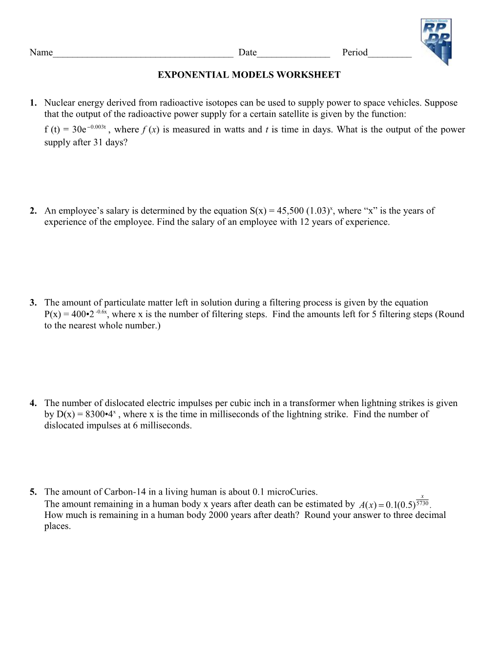 Exponential Models Worksheet