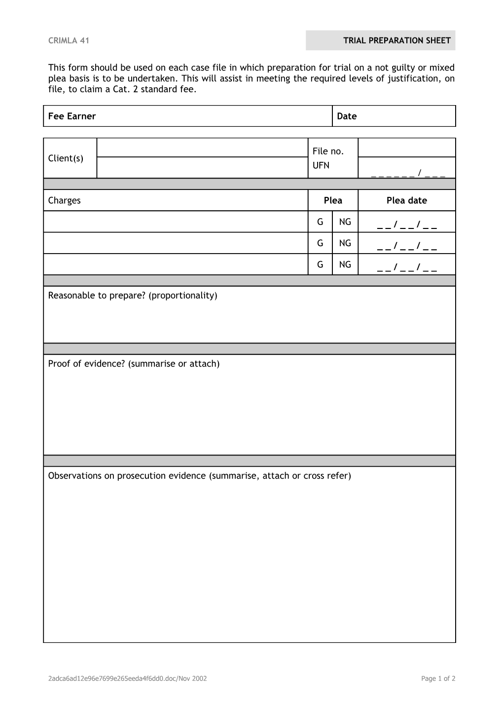 Crimla 41 Trial Preparation Sheet/Nov 2002Page 1 of 2