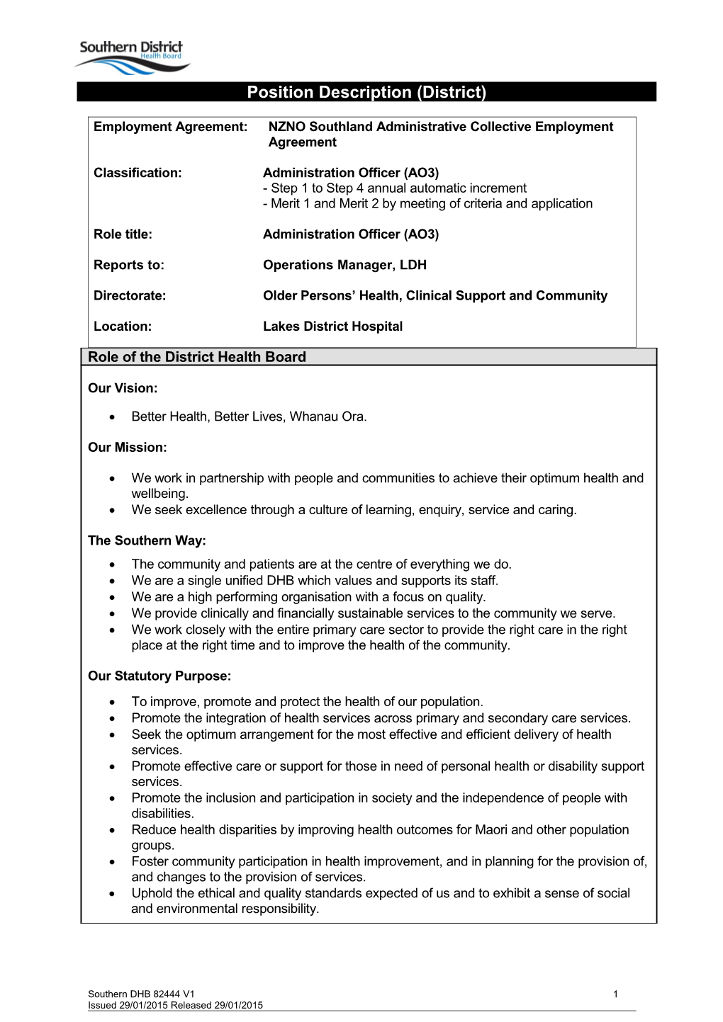 Employment Agreement:NZNO Southland Administrative Collective Employment Agreement