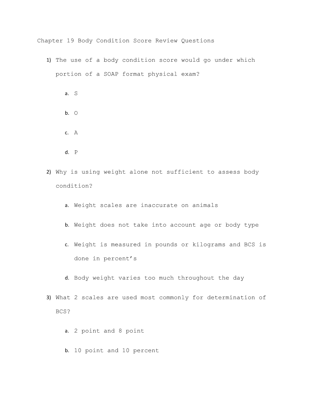 Chapter 19 Body Condition Score Review Questions