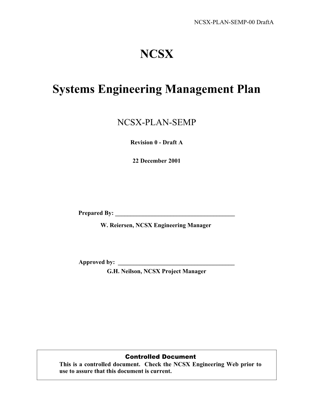 Systems Engineering Management Plan