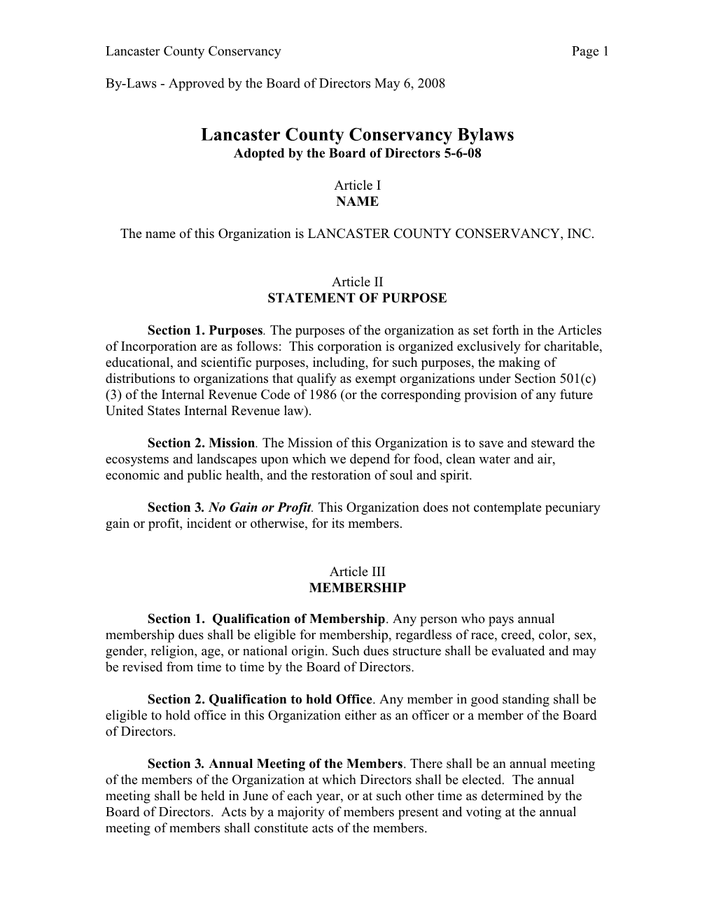 Lancaster County Conservancy Bylaws