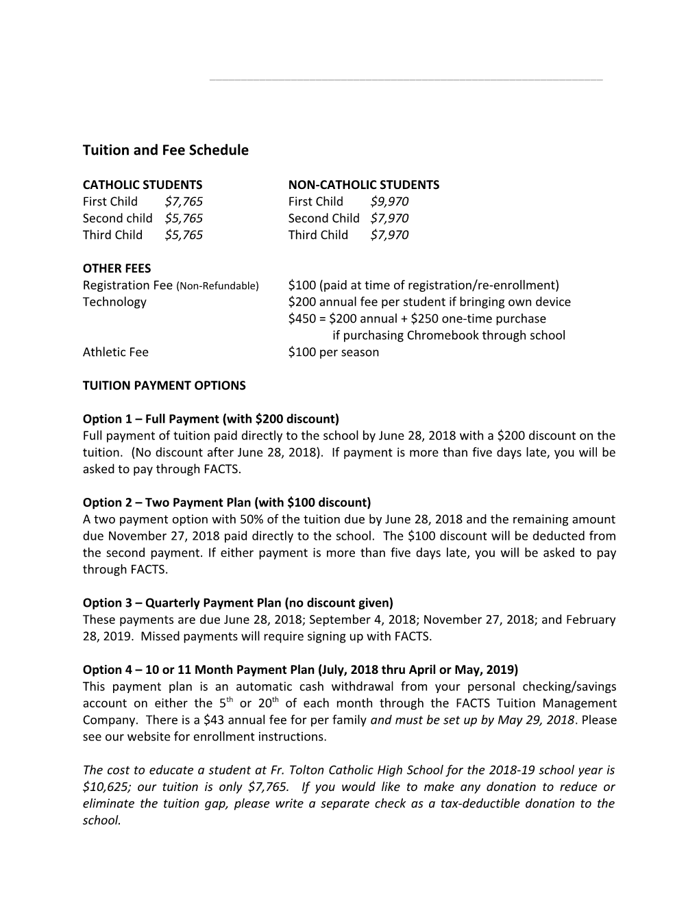 Tuition and Fee Schedule