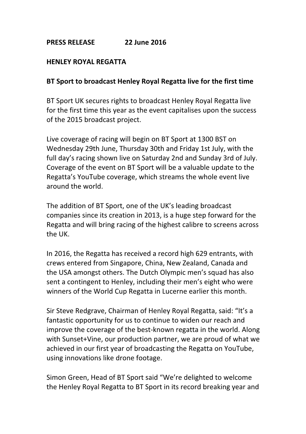 BT Sport to Broadcast Henley Royal Regatta Live for the First Time
