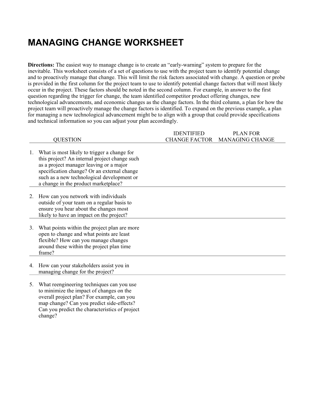 Managing Change Worksheet