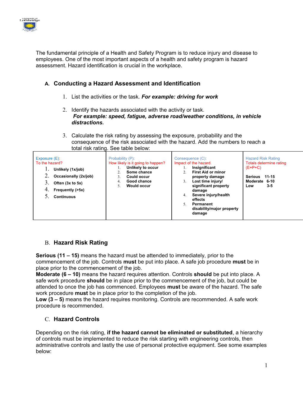 Hazard Assessment and Control