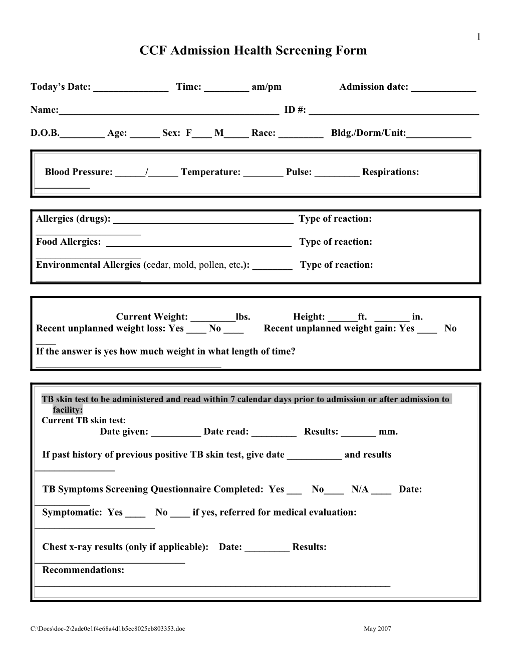 CCF Admission Health Screening Form