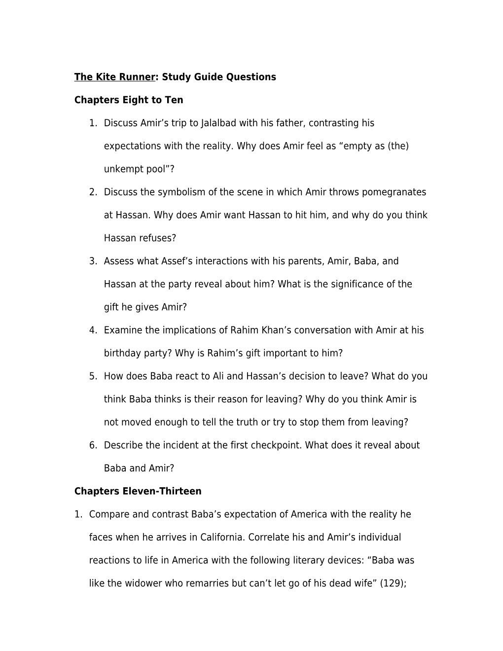 The Kite Runner: Study Guide Questions