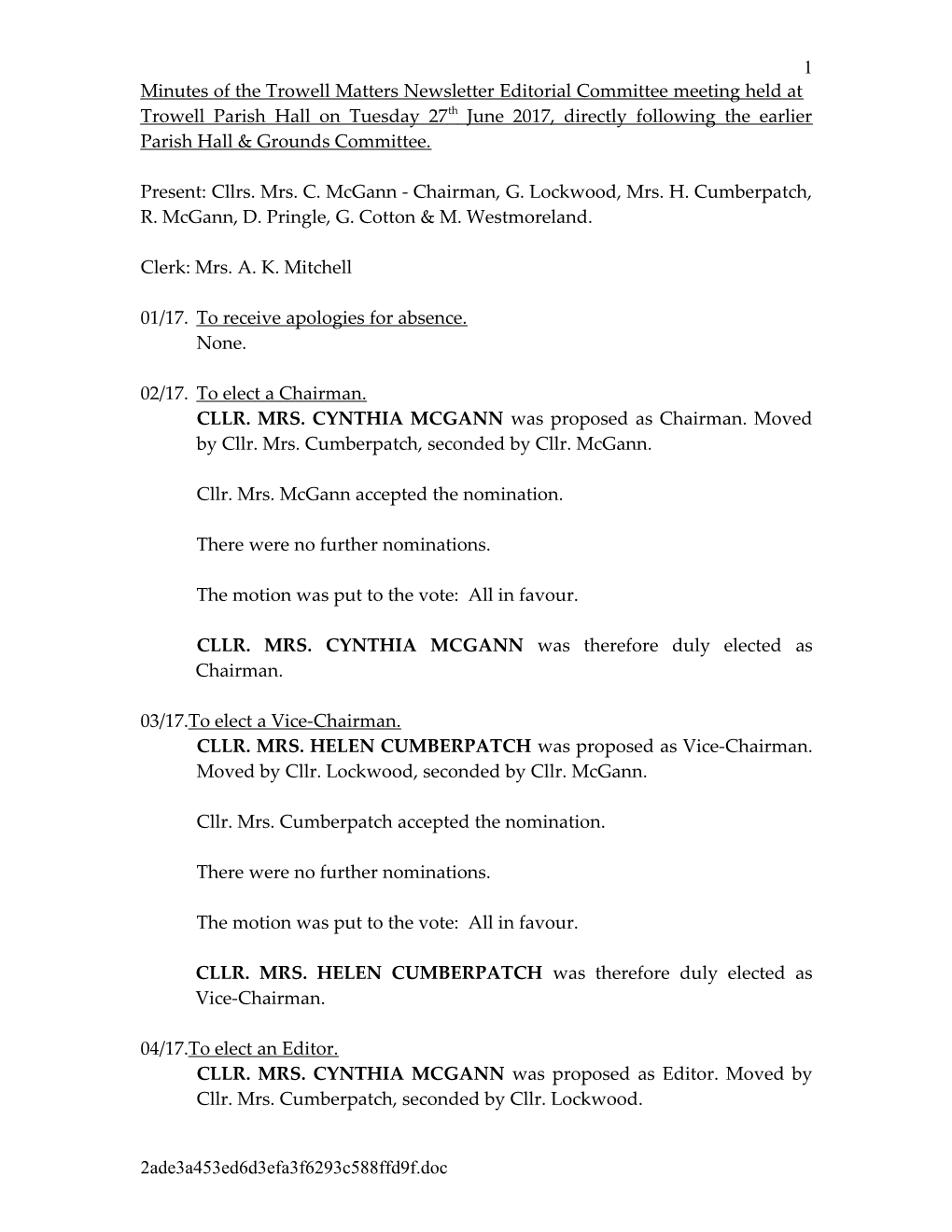 Minutes of a Meeting Held at Trowell Parish Hall on Tuesday 2Nd December 2003, at 7
