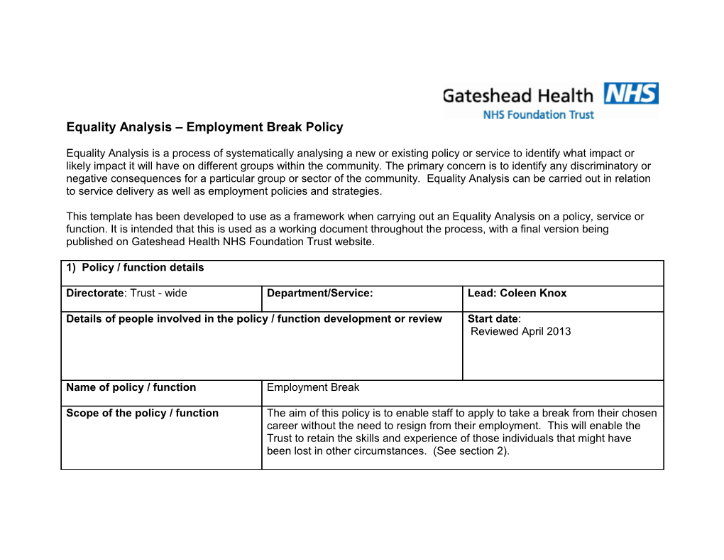 Equality Analysis Employment Break Policy