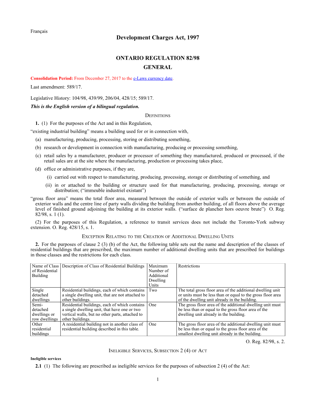 Development Charges Act, 1997 - O. Reg. 82/98