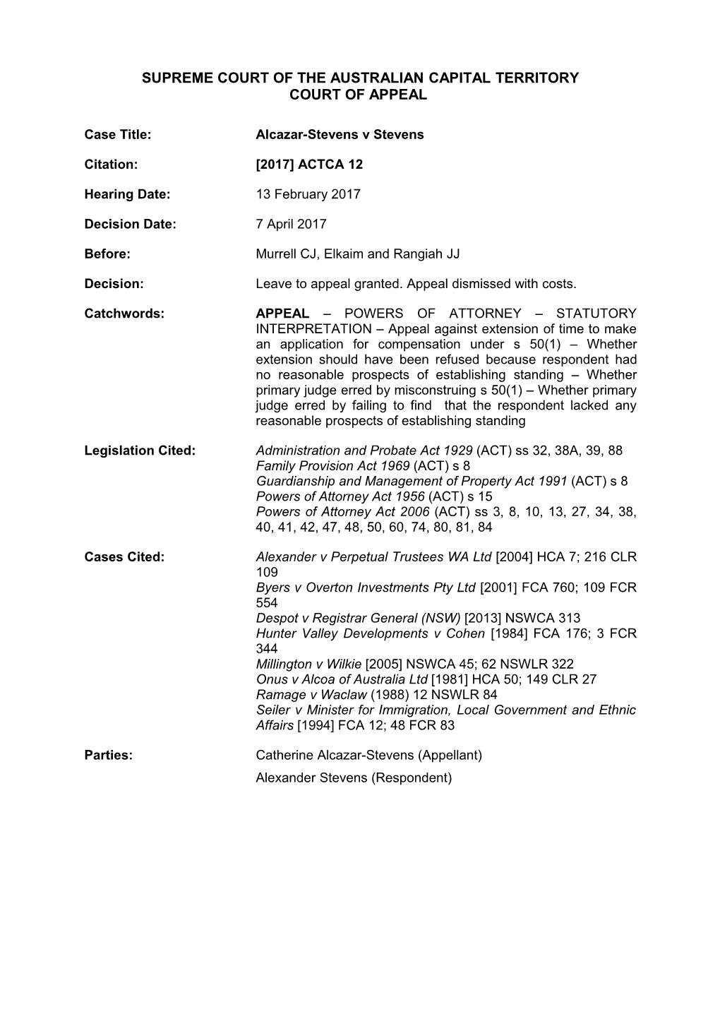 2017-04-07 Alcazar-Stevens V Stevens 2017 ACTCA 12